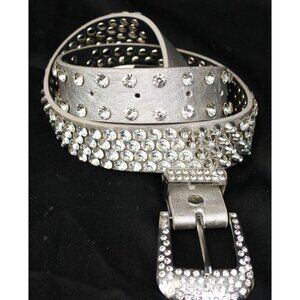 MMS Women's Silver Leather Belt Clear Rhinestones Bling Party Classic Western